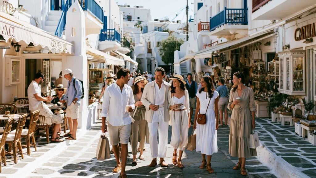 Locals-inspired summer outfits in Greece featuring linen clothing, neutral colors and relaxed street style on a Greek island