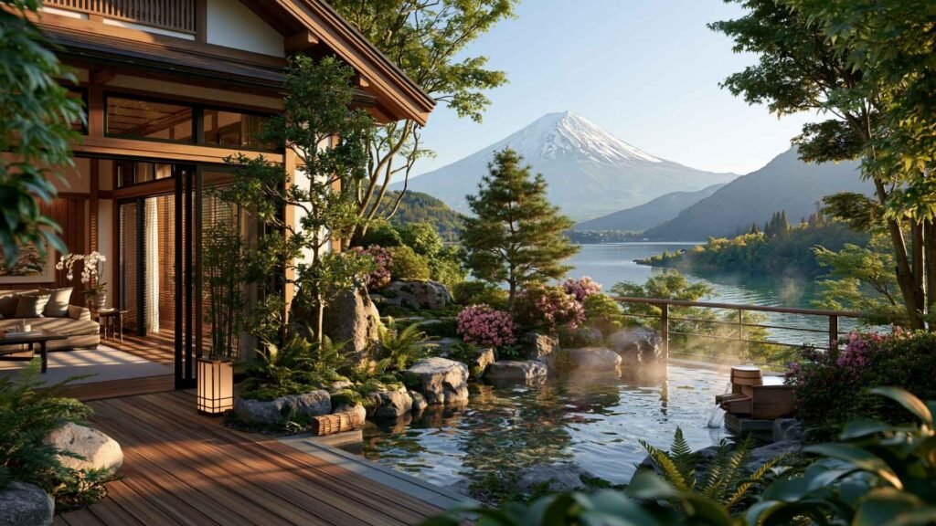 Traditional Japanese ryokan with a peaceful outdoor onsen overlooking Mount Fuji and a lakeside landscape near Hakone.