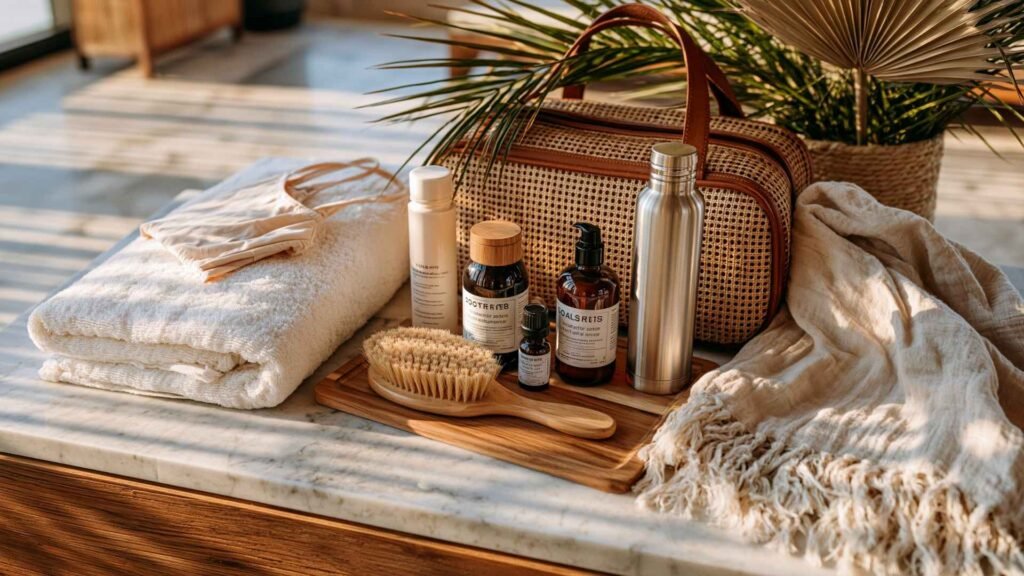 Kılıç Ali Paşa Hamamı essentials including towels, skincare products, water bottle, and wellness items prepared for a hammam visit