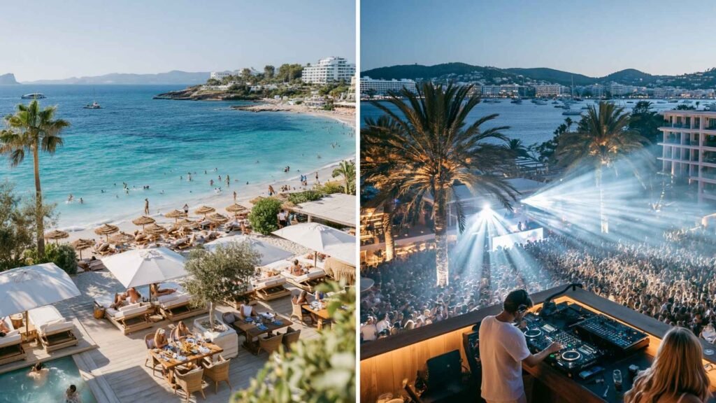Ibiza beach clubs vs nightclubs comparison showing a relaxing beachfront dining experience during the day alongside an energetic DJ-led nightlife scene at night.