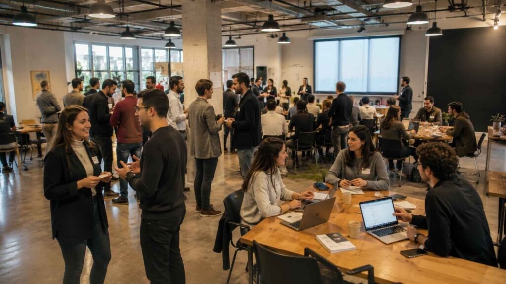 Entrepreneurs, remote workers, and startup founders networking during a community event inside a modern coworking space in Athens