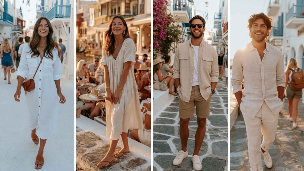 Island outfit ideas in Santorini and Mykonos featuring linen dresses, summer sets, shorts, and relaxed Greek island style looks.