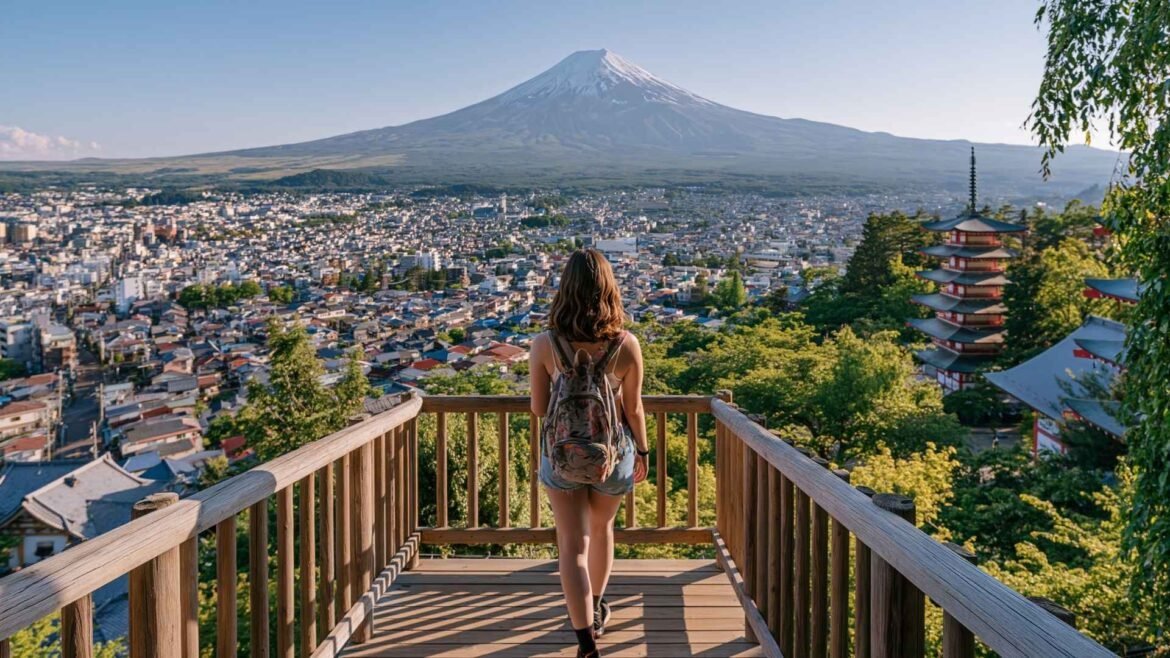Japan Itinerary for First-Time Visitors showing a traveler overlooking Mount Fuji, Chureito Pagoda, and a Japanese cityscape.