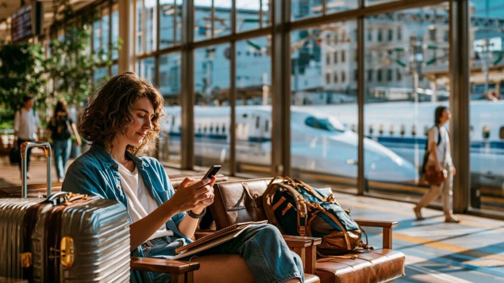 Traveler planning a Japan itinerary in a modern Shinkansen station waiting area with luggage and a high-speed train in the background.