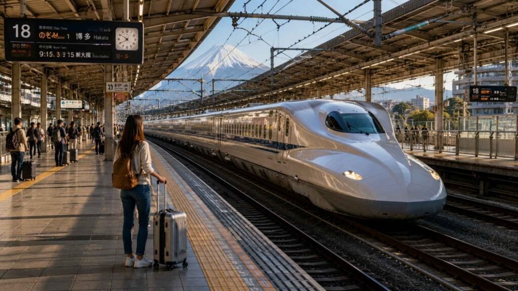 Traveler waiting beside a Shinkansen bullet train with Mount Fuji in the distance, representing the classic first-time Japan travel route.