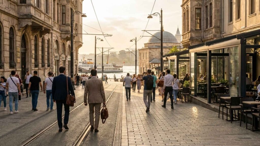Travelers walking near Karaköy Tram Stop and waterfront routes leading toward Kılıç Ali Paşa Hamamı in Istanbul