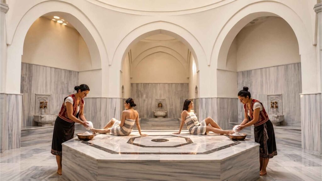 Women experiencing traditional foam treatment and relaxation ritual inside Kılıç Ali Paşa Hamamı in Istanbul