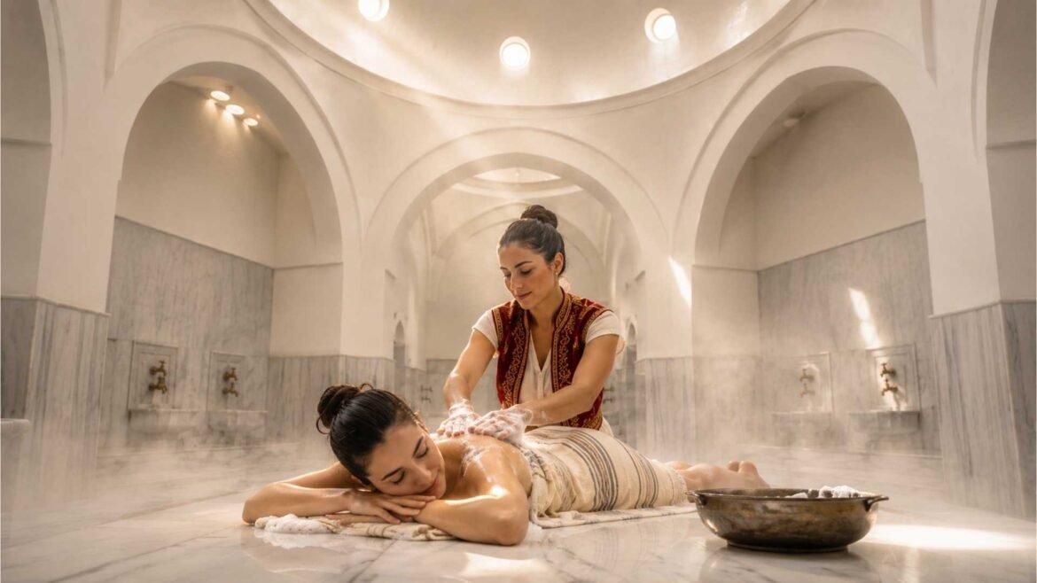 Kılıç Ali Paşa Hamamı experience showing traditional foam massage beneath Ottoman architecture and marble interiors in Istanbul