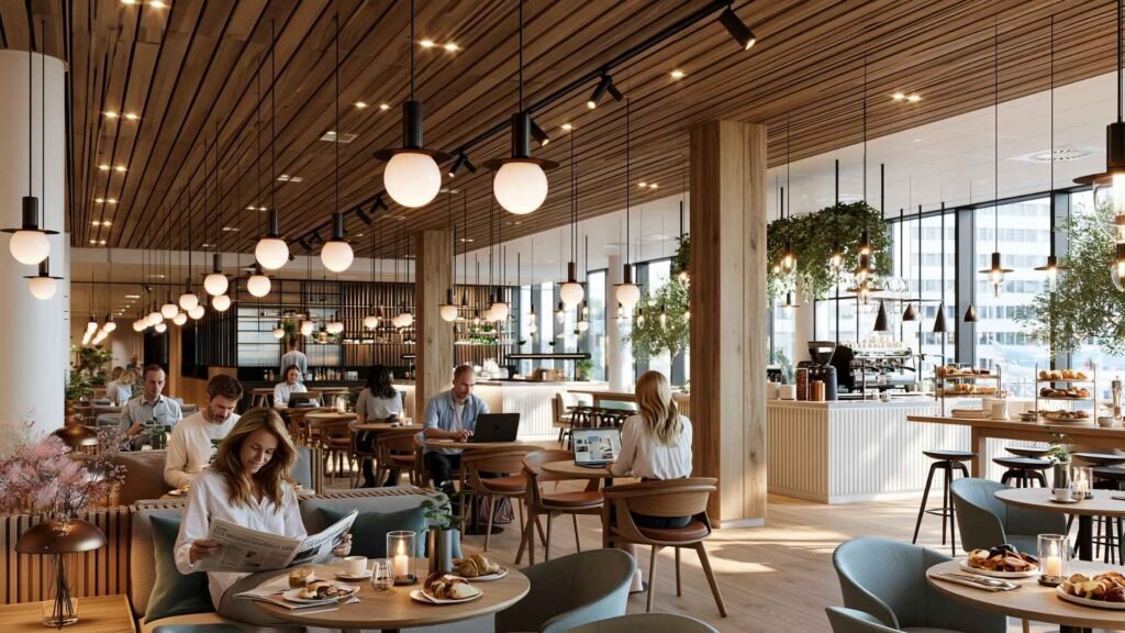 Travelers relaxing, enjoying breakfast, and working inside KLM Crown Lounge 25 at Amsterdam Schiphol Airport.