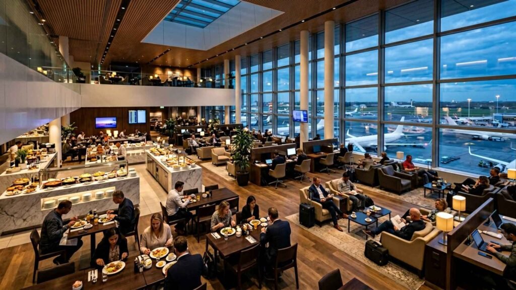 Travelers dining, relaxing, and working inside KLM Crown Lounge 52 at Amsterdam Schiphol Airport before international departures.