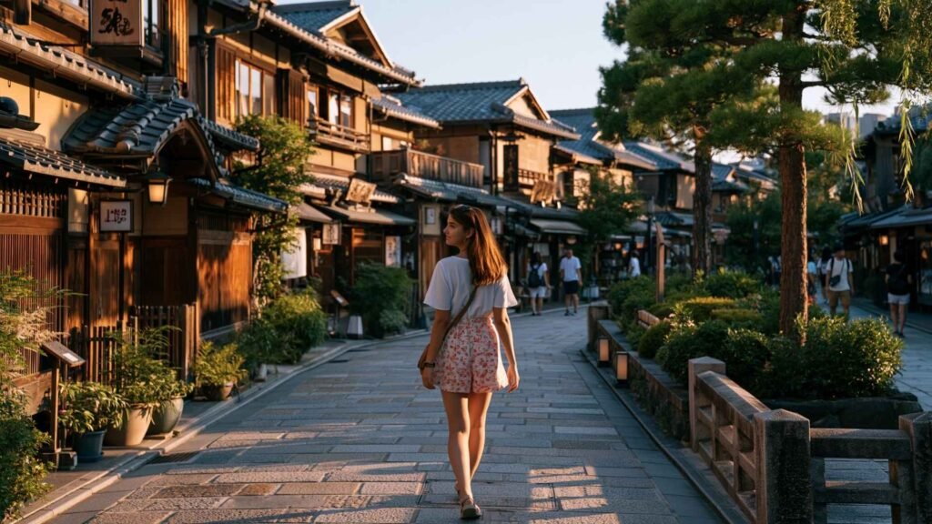Traveler walking along a traditional stone street lined with wooden machiya houses in Kyoto during golden hour.