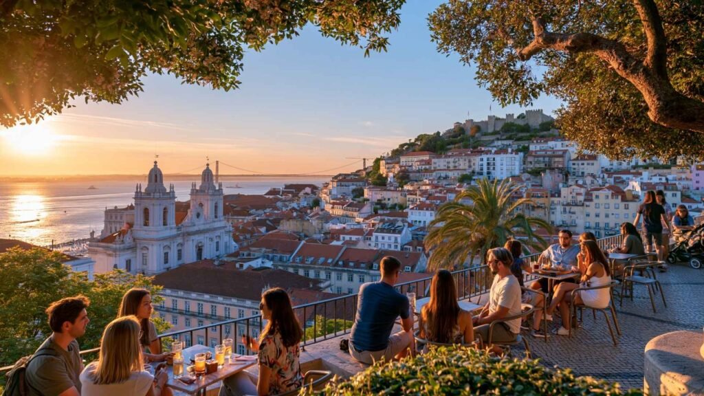 Visitors enjoying sunset views over Lisbon's historic rooftops, São Jorge Castle, and the Tagus River from a scenic miradouro