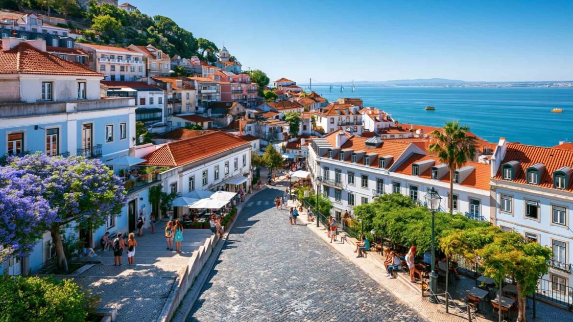 Lisbon summer travel view overlooking Alfama's historic rooftops, scenic streets, and the Tagus River on a sunny day