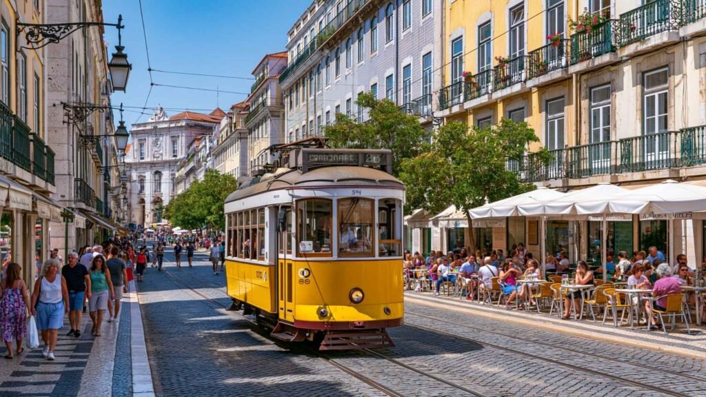 Historic yellow Tram 28 traveling through a lively Lisbon street lined with cafés, pedestrians, and traditional buildings on a sunny summer day.