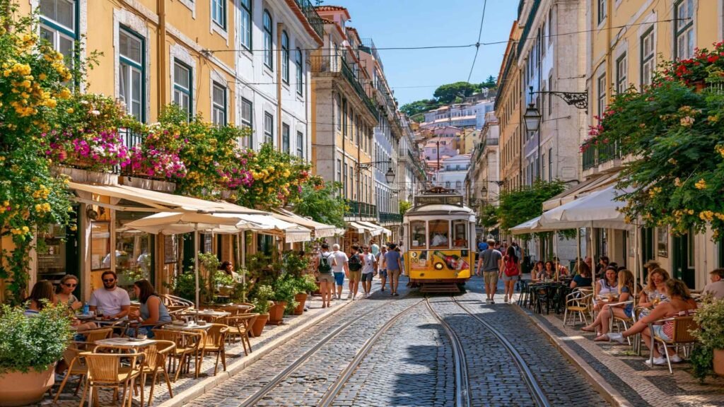 Historic Tram 28 traveling through a lively Lisbon street lined with outdoor cafés, colorful buildings, and summer visitors