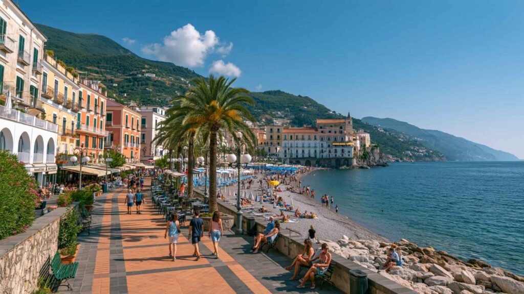 Travelers walking along Maiori's seaside promenade with beach access, palm trees, and coastal views on the Amalfi Coast