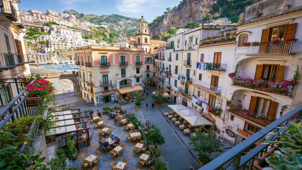 Traditional square in Minori with local restaurants, historic buildings, and a relaxed atmosphere on the Amalfi Coast.