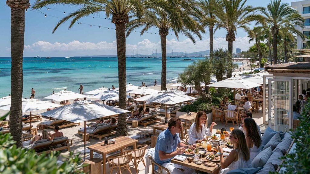 Nassau Beach Club Ibiza beachfront restaurant terrace overlooking Playa d'en Bossa with sunbeds, white umbrellas, and turquoise Mediterranean water.