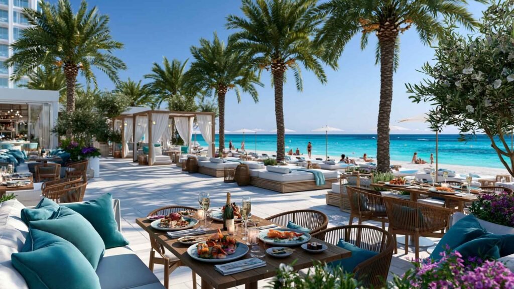 Nikki Beach Ibiza luxury beachfront dining area with premium sunbeds, seafood dishes, palm trees, and Mediterranean sea views on Ibiza’s eastern coast.