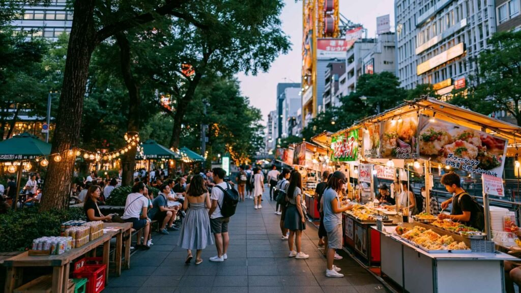 Busy street food market in Osaka with local food stalls, evening lights, and visitors enjoying Japan's famous culinary scene.