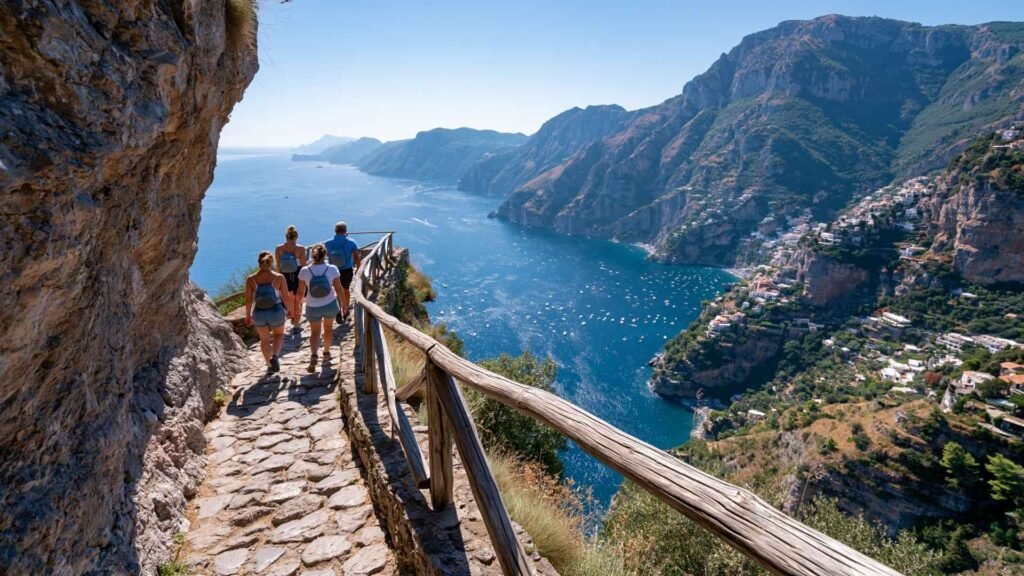Hikers walking along the Path of the Gods cliffside trail above the Amalfi Coast with dramatic sea views and mountain scenery.