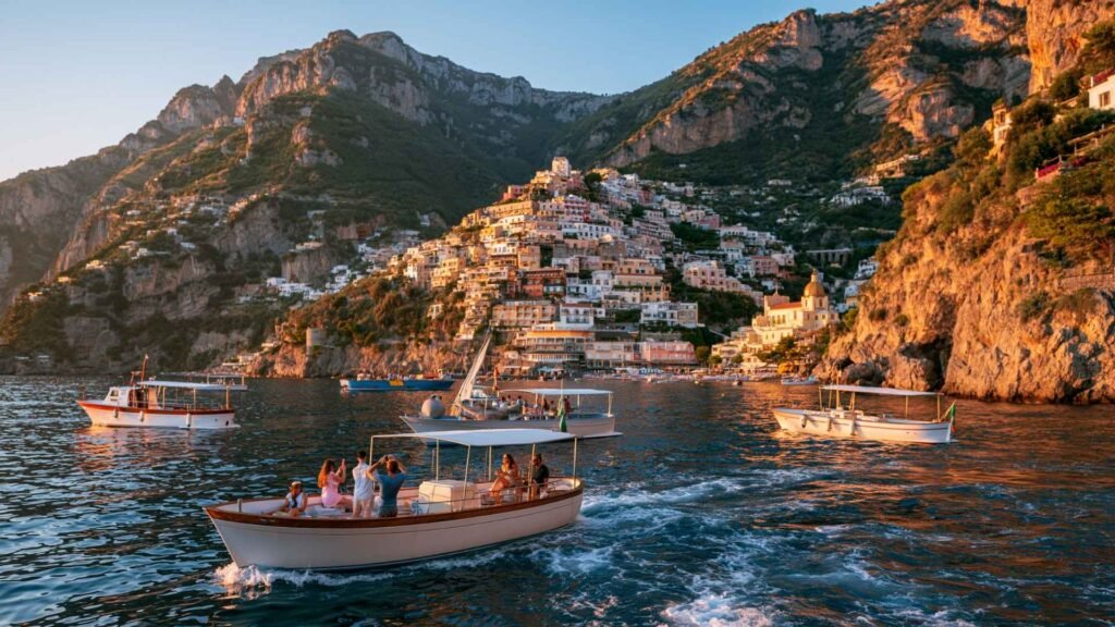 Positano sunset cruise boats sailing across the bay during golden hour with warm light illuminating the colorful cliffside village.