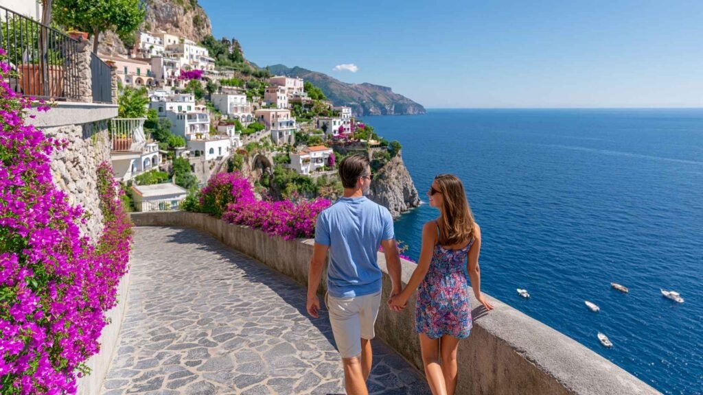 Couple walking along a scenic coastal path in Praiano with sea views, colorful flowers, and traditional Amalfi Coast architecture.