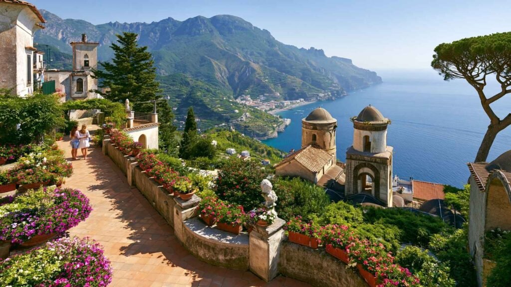 Historic gardens and panoramic sea views in Ravello overlooking the Amalfi Coast from an elevated hillside setting.