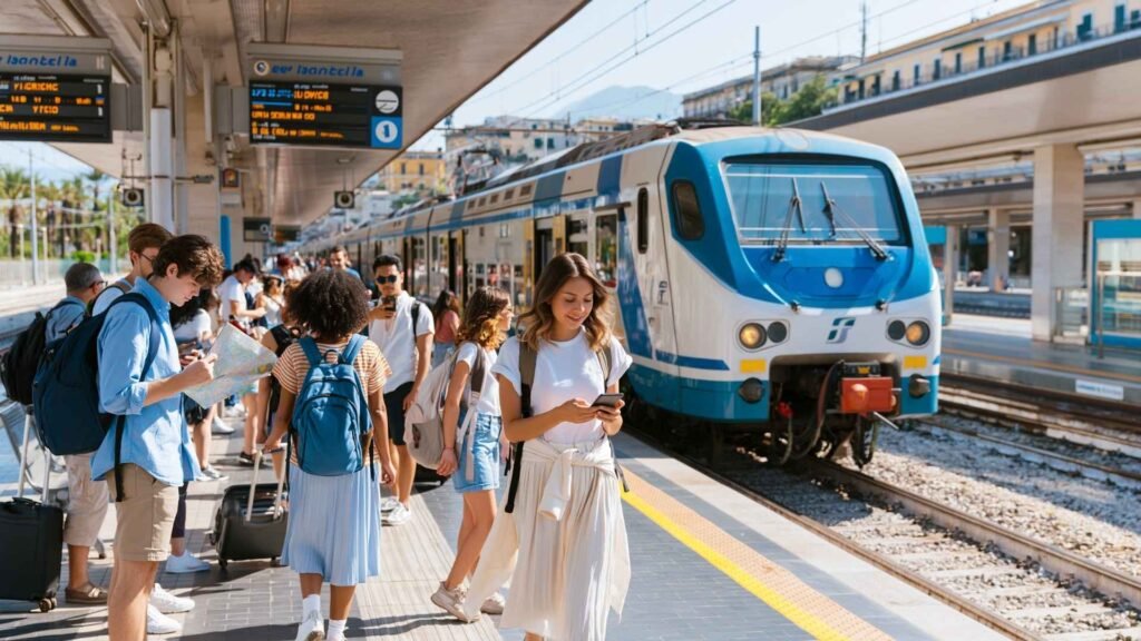 Travelers boarding a regional train from Naples, a budget-friendly way to reach Salerno and the Amalfi Coast