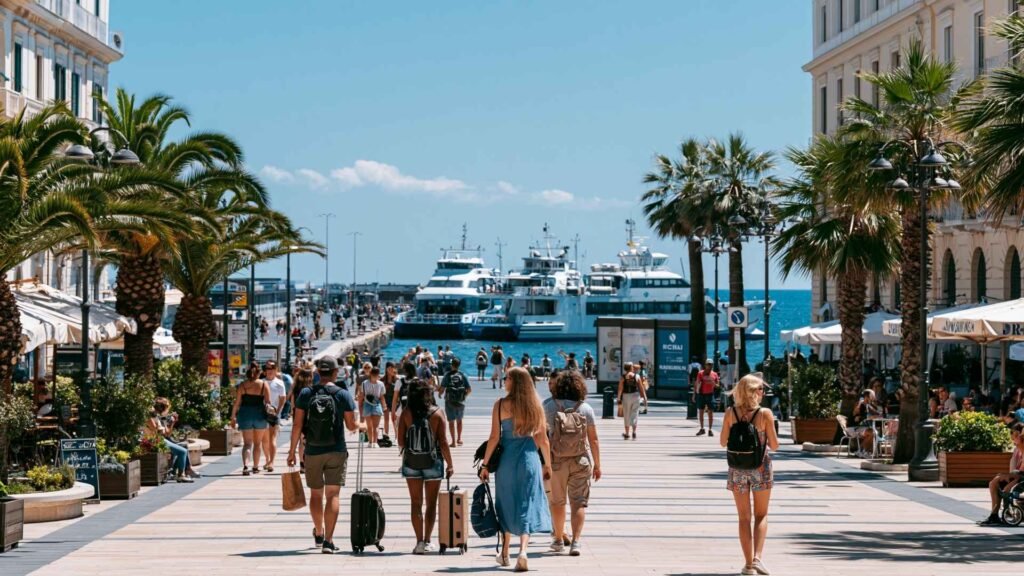 Travelers walking along the Salerno waterfront near ferry services, a popular base for exploring the Amalfi Coast on a budget