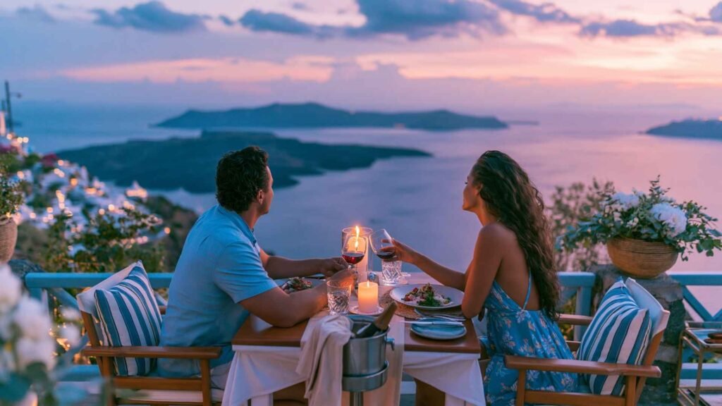 Couple enjoying dinner with caldera views at one of the best restaurants in Santorini for couples during sunset