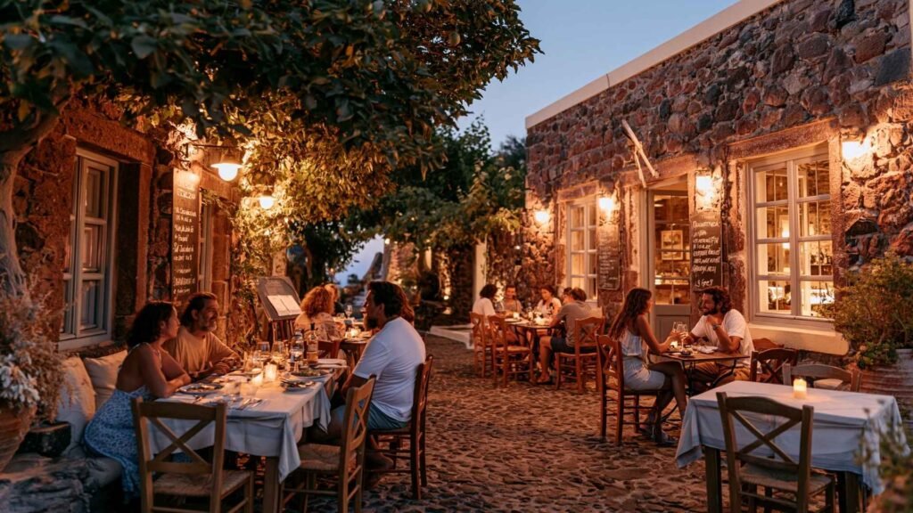 Best local restaurants in Santorini with traditional village dining, stone streets, and outdoor evening tables