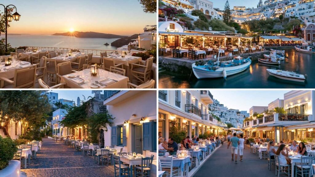 Collage comparing restaurant experiences in Oia, Ammoudi Bay, village areas, and central Santorini dining locations