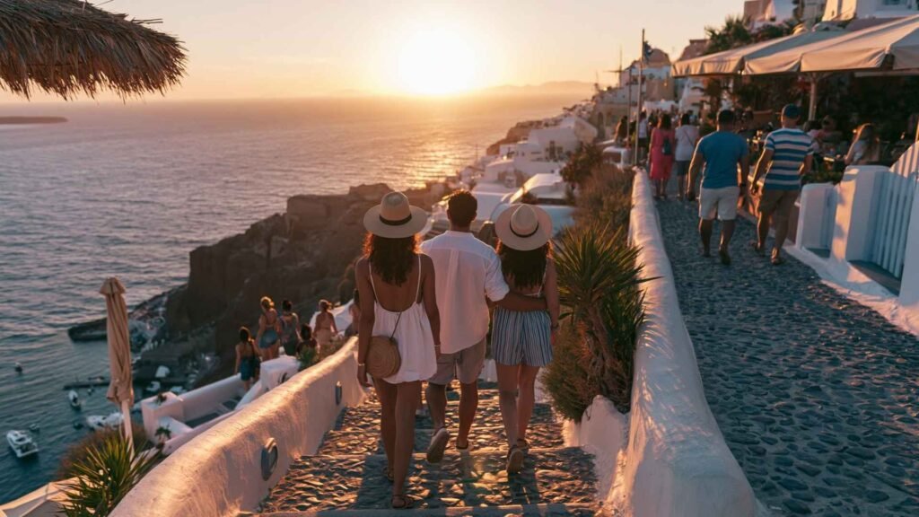 Stylish travelers walking through Santorini’s white pathways at sunset wearing light summer outfits for dinner and evening restaurants