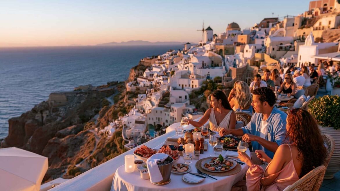 Best restaurants in Santorini featuring sunset dining terraces overlooking the caldera in Oia during golden hour