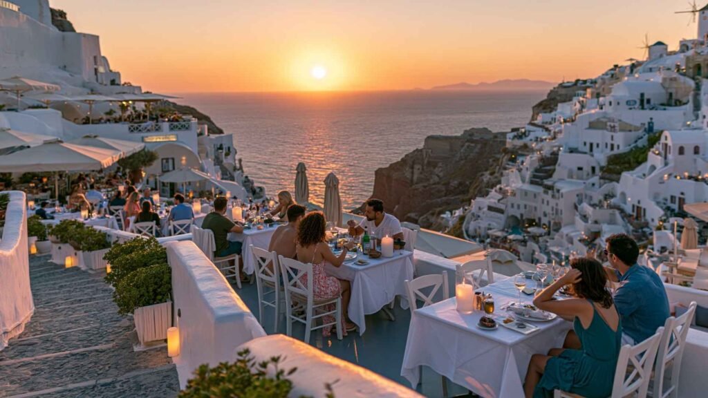 Sunset restaurants in Santorini with travelers dining above the caldera during golden hour in Oia