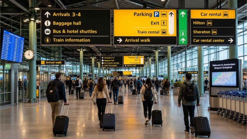 Passengers walking through Amsterdam Schiphol Airport arrivals area with baggage hall, train information, and exit signs