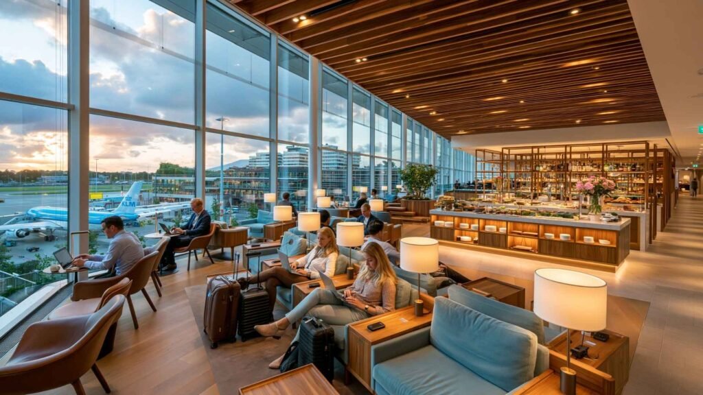 Premium airport lounge at Amsterdam Schiphol Airport featuring apron views, comfortable seating, workspaces, and dining facilities