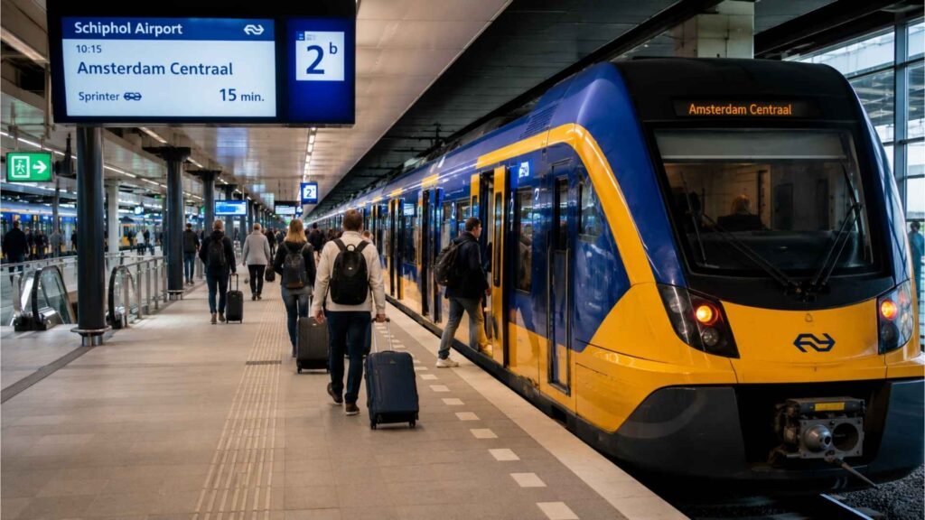 Passengers boarding a train at Schiphol Airport railway station for travel to Amsterdam city center