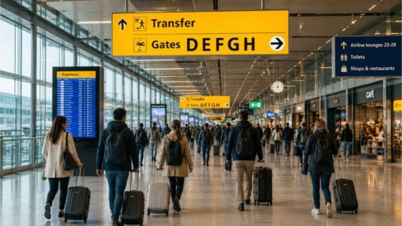 Amsterdam Schiphol transit area with connecting passengers following transfer signs and departure gate directions inside the terminal.