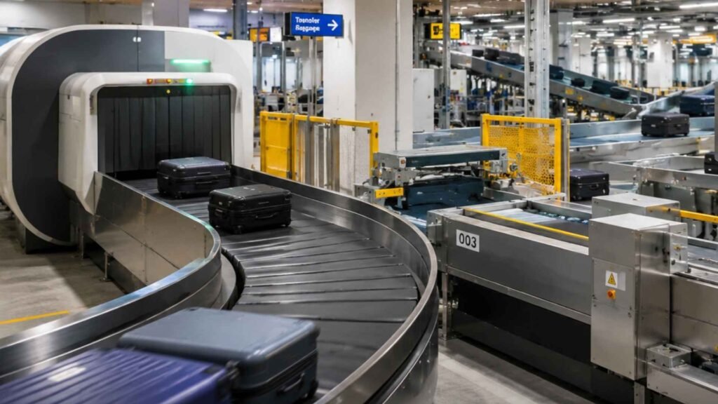 Automated baggage handling system transferring checked luggage during transit at Amsterdam Schiphol Airport.