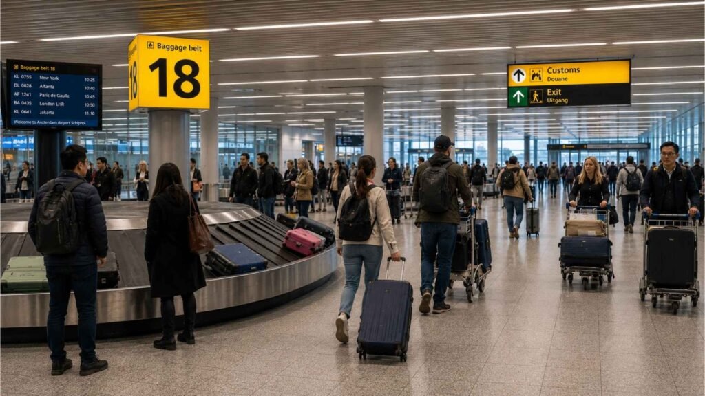 Passengers collecting luggage and walking toward customs and exit areas at Amsterdam Schiphol Airport arrivals hall