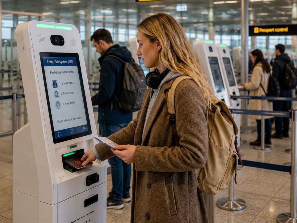 Traveler completing first-time EES registration at a self-service kiosk in Amsterdam Schiphol Airport passport control areac