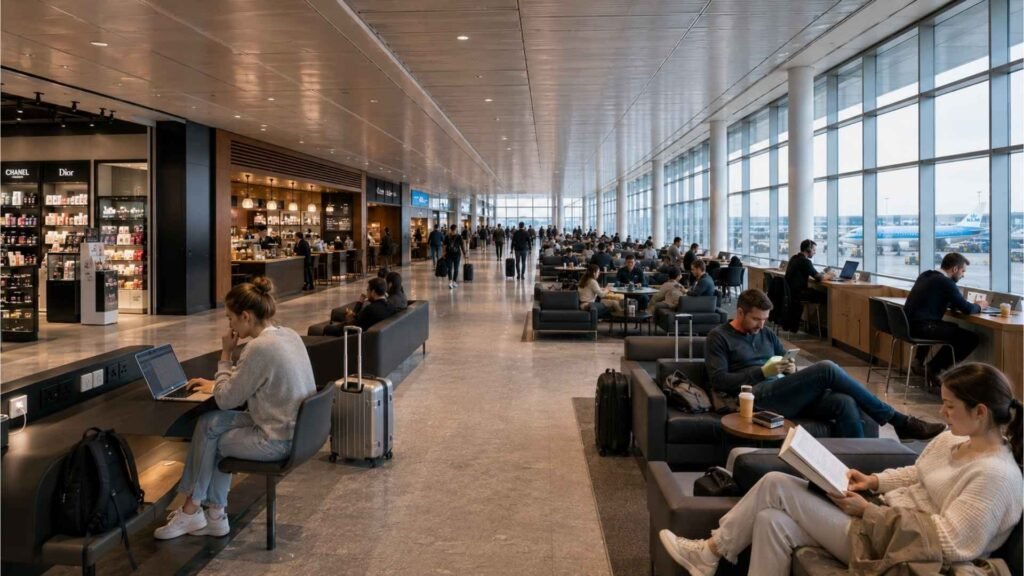 Passengers relaxing, working, and charging devices during a long layover at Amsterdam Schiphol Airport.