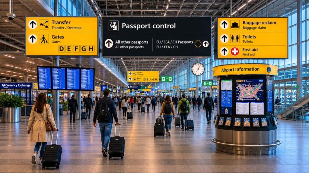 Travelers heading toward passport control during Amsterdam Schiphol transit between Schengen and non-Schengen flight connections.