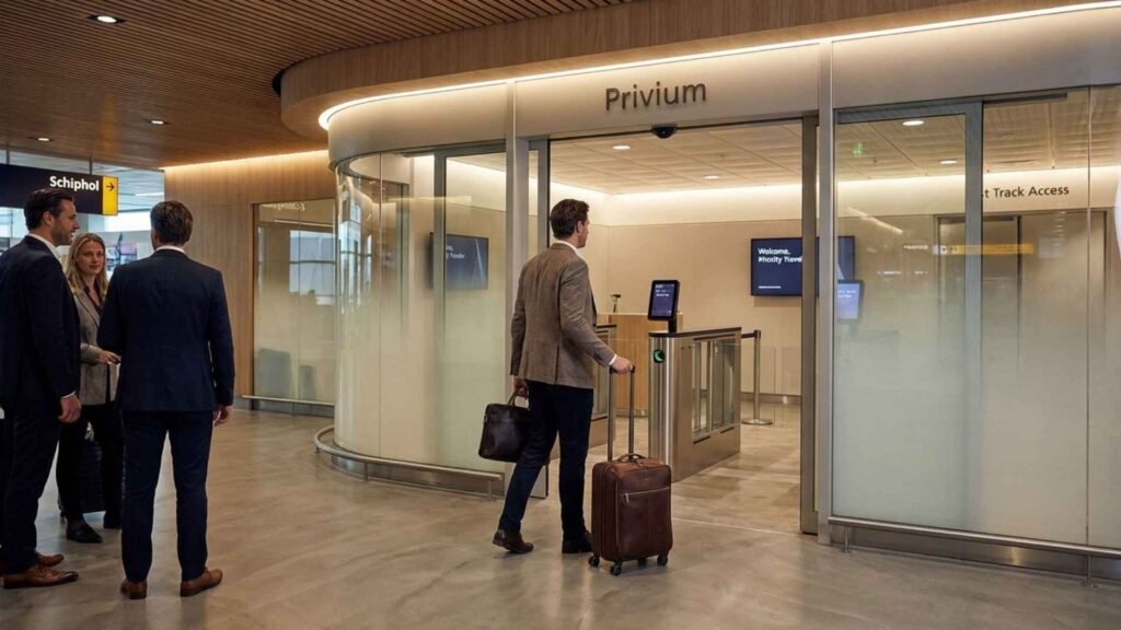 Privium premium access entrance at Amsterdam Schiphol Airport showing a frequent traveler entering a private fast-track style airport access area with carry-on luggage