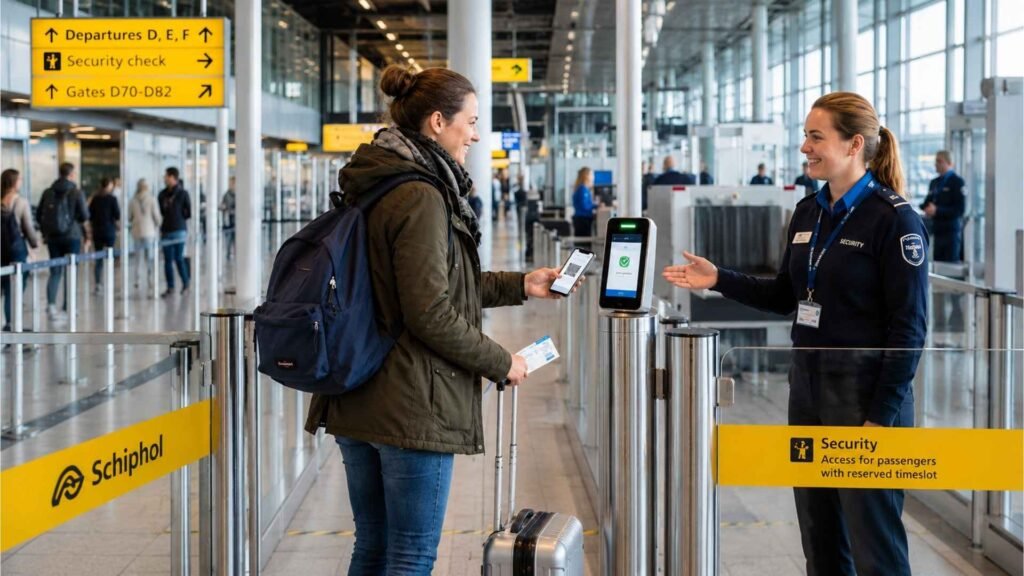 Traveler using a Schiphol security timeslot entrance at Amsterdam Schiphol Airport while showing a phone confirmation at a reserved security access point
