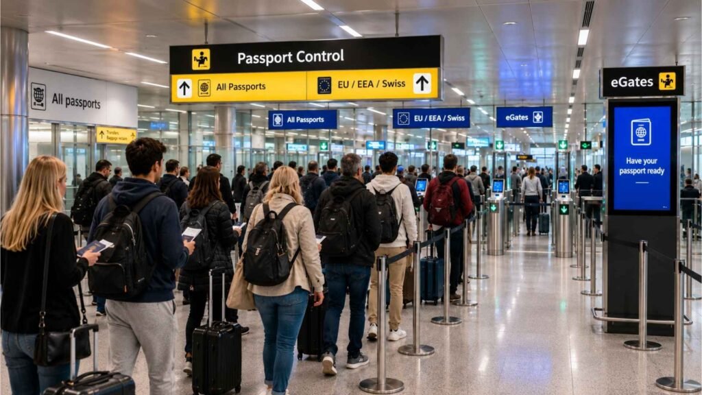 Passengers queueing at passport control and eGates during a self-transfer at Amsterdam Schiphol Airport