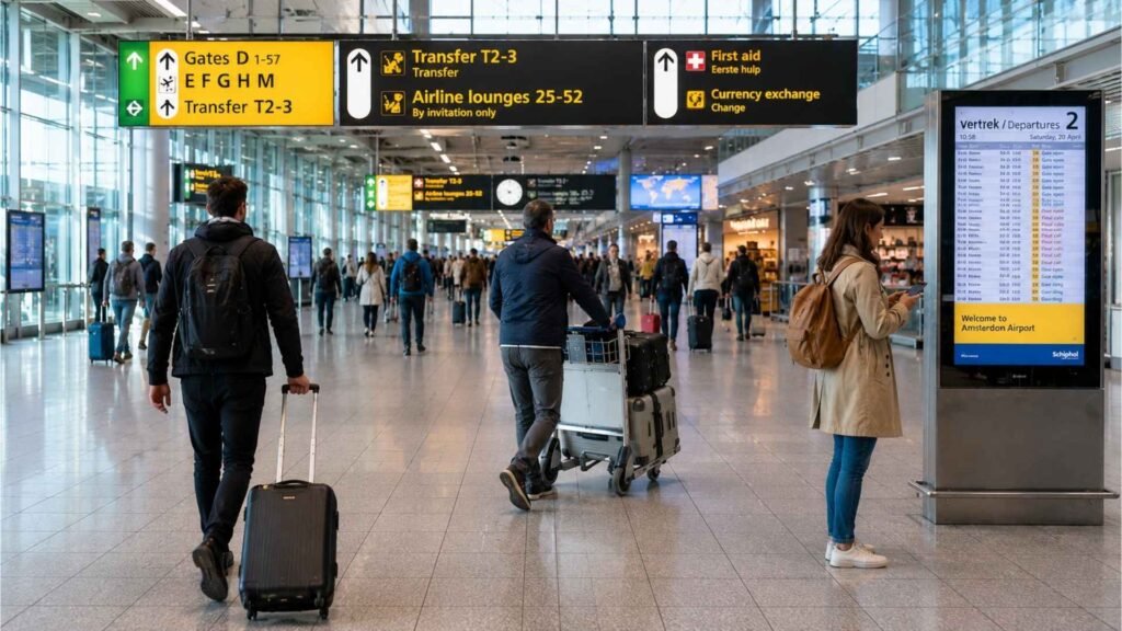 Different self-transfer passengers at Amsterdam Schiphol Airport, including carry-on travelers, checked baggage trolleys, and a passenger checking flight information