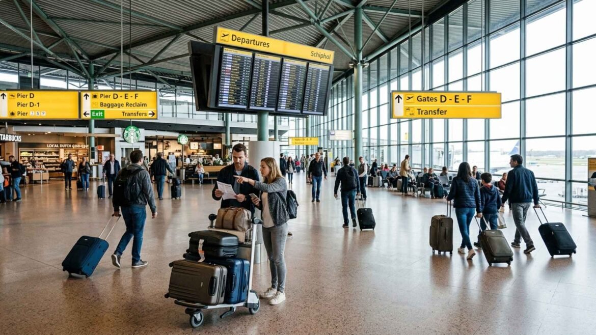 Amsterdam Schiphol self-transfer passengers checking directions in the terminal while moving between flights with luggage
